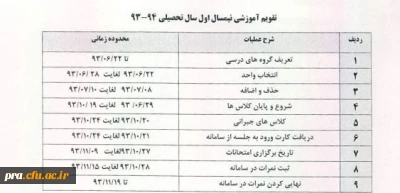 تقویم آموزشی نیمسال اول سال تحصیلی 93/94