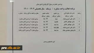 برنامه فعالیت واحد مشاوره و پزشک سال تحصیلی 1402-1401 پردیس حضرت رسول اکرم (ص)